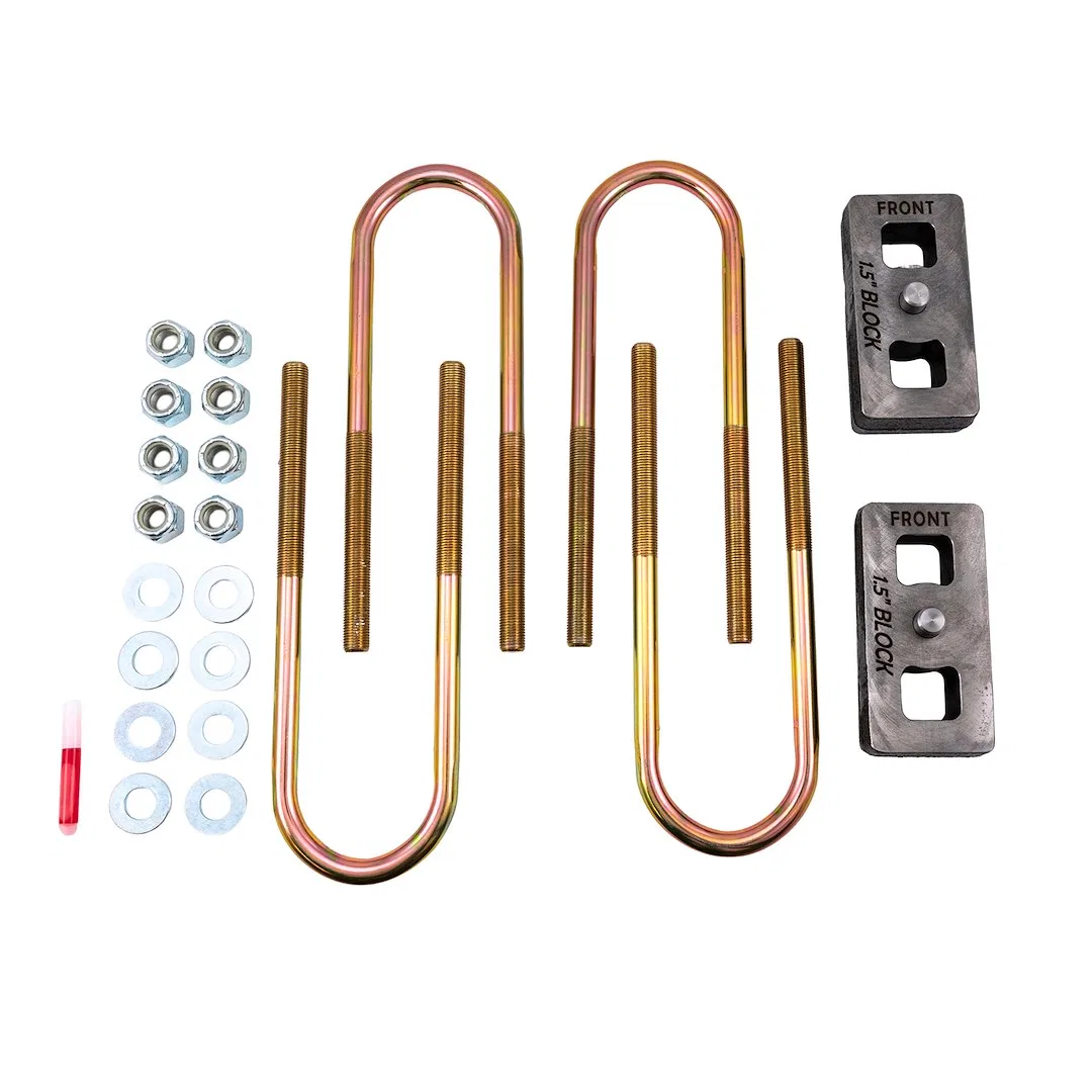 BUG02 – SUSPENS PRO Leaf Spring Block Kit, 1-1/2 Inch Rear Lift Cast Iron Includes 2 Rear Blocks/4 U-Bolts And Hardwa...